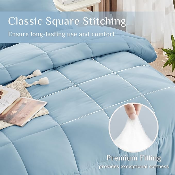 JOLLYVOGUE King Comforter Set Ultra-Soft Bed in a Bag King Size 7 Pieces Oeko-TEX Certified Bedding Set with Down Alternative Comforter Sheets Pillowcases &amp Shams Lake Blue