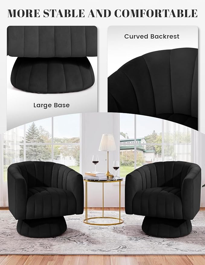 Kromax Swivel Accent Chair with Armrest Mid Century 360 Degree Swivel Barrel Chair Overstuffed Tufted Velvet Ideal for Living Room Bedroom Reading Room Black