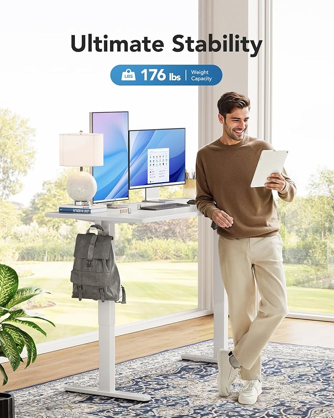 HUANUO Electric Standing Desk Whole Piece Desktop Adjustable Height Computer Desk 4 Height Memory Settings Sit Stand Up Desk for Home Office 55 x 27 White