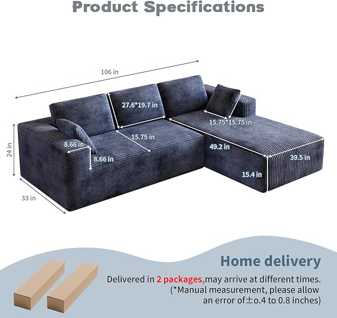 106 Corduroy Sectional Couch Boneless L Shaped Couch with Deep Seat Cloud Foam Sofa with Oversized Chaise Sectional Sofa No Assembly Needed for Living Room