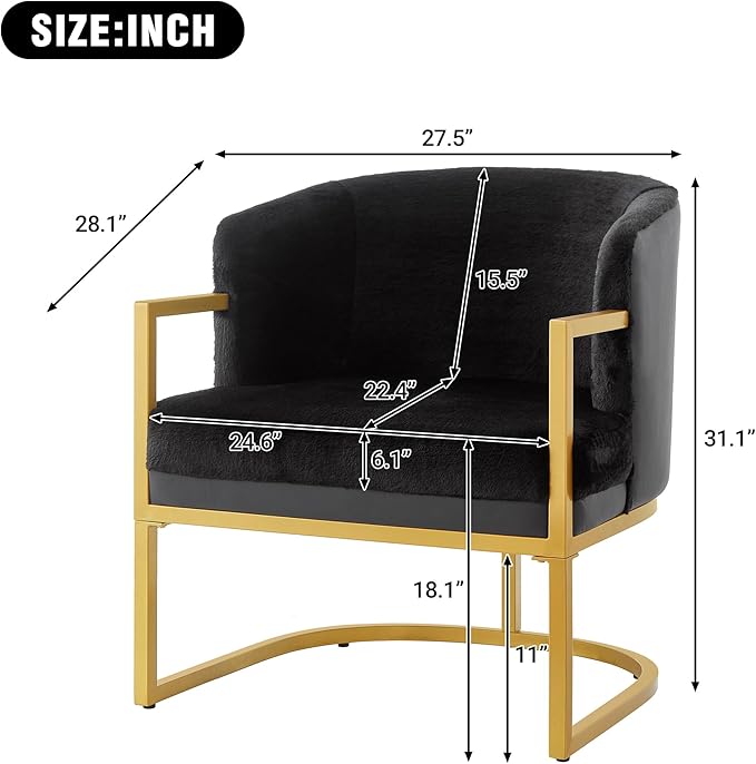 Modern Accent Chair with Gold Metal Frame Cozy Armchair Upholstered Reading Chair with Ergonomic Curved Backrest for Living Room Office (Black-36)