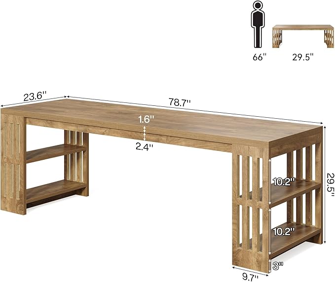 LITTLE TREE 78.7 Long Desk 2 Person Desk with Shelves Large Wooden Computer Desk Heavy Duty Shelf Legs Design for Two Person Home Office Business Workstation Natural (78.7 W x 23.6 D)