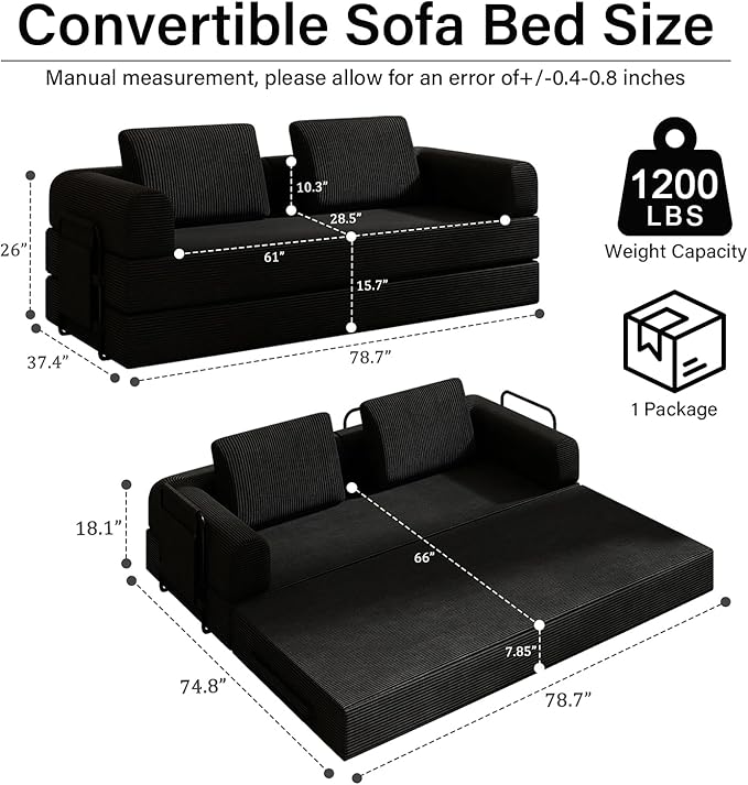 78'' Sleeper Couch Bed for Living Room Convertible Modular Sofa with Fixed Frame &amp Side Pocket Corduroy Futon Boneless Couches in a Box No Assembly Black