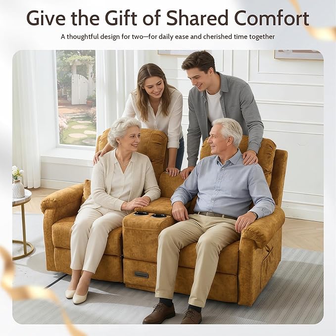 Power Lift Recliner LoveseatVelvet Reclining Loveseat Sofa RV Couch with ConsoleDual Power Lift Recliner Chair for Elderly with Heat and MassageElectric Lift Chairs for Living Room (Yellow)