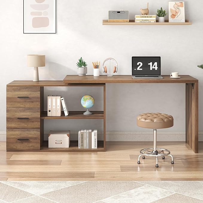 HSH L Shaped Desk with Storage Drawers Shelves Large Corner Computer Table in Home Office Industrial Wood Desk for Executive Writing Work Study Rustic Oak 55 Inch