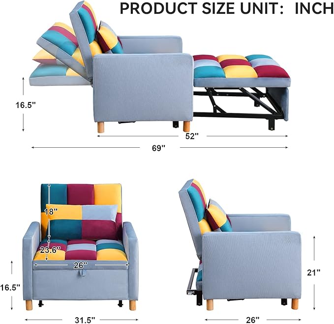 Convertible Sleeper Sofa Chair Bed3-in-1 Sleeper Chair Bed with PillowPull Out Single Armchair Sofa Bed with Adjustable Backrest Multi-Functiona Lounge Chair for Living Room（Mix
