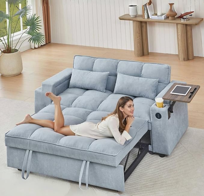 65''Convertible Sleeper Sofa Bed3-in-1 Pull Out Couch Bed with 360 Degree rotatable Side Table and USB Ports for Living RoomRV (07 Light Grey)