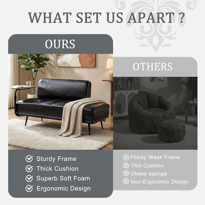 55 Faux Leather Upholstered Sofa Entryway Ottoman Modern End of Bed Bench with Side Table 360-degree Swivel Tray Couch Window Bench with Metal Legs for Bedroom Living Room (Black)
