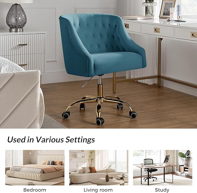 Velvet Home Office Chair with Gold Base Comfortable Modern Cute Desk Chair Height Adjustable Swivel Task Chair for Living Room Bedroom Vanity Study Blue
