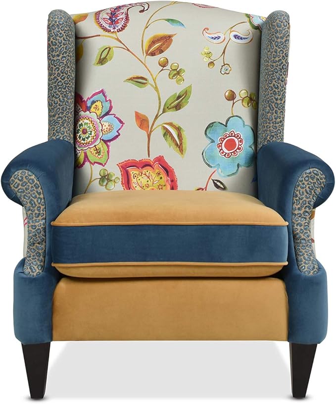 Jennifer Taylor Home Ayla Boho Chic Wingback Accent Arm Chair Floral &amp Leopard Blue-Teal &amp Yellow-Gold Velvet