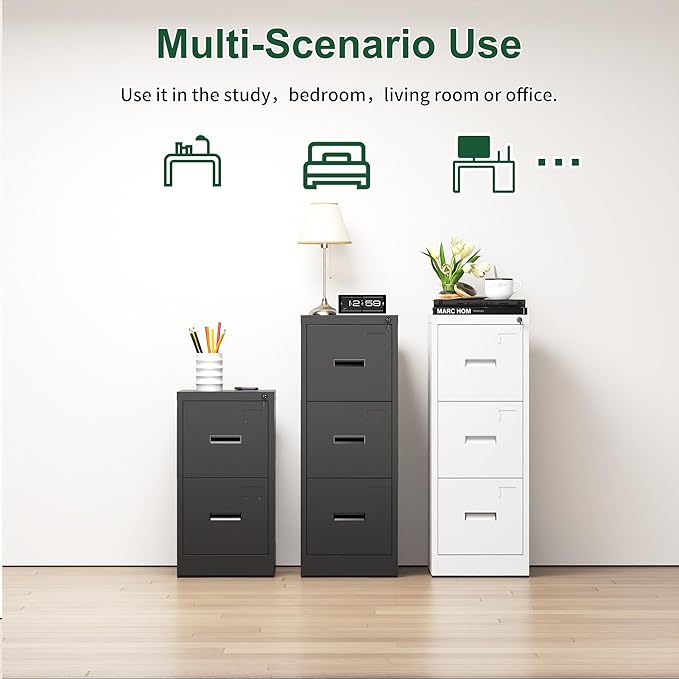 3 Drawer Metal Vertical File Cabinet with Lock and Card SlotOffice Home Vertical Filing Cabinets for A4 Legal/Letter Size Narrow File Cabinet LockedAssembly RequiredWhite