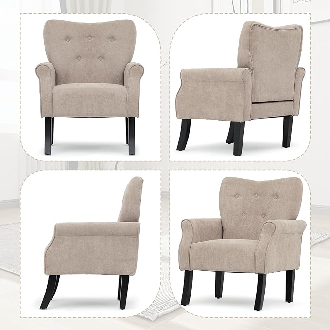 Athena Collection Mid Century Modern Chair for Living Room Upholstered Wingback Reading Chair for Adults Comfy Linen Fabric Armchair with Wooden Legs for Bedroom Dorm Balcony Beige