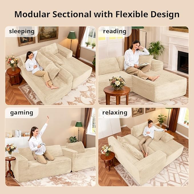COMHOMA 105”Modular Sectional Sofa with Deep SeatCloud Upholstered L-Shape Couch Wide Arms Corduroy Fabric High-Density Foam Chaise Lounge for Living Room No Assembly Required