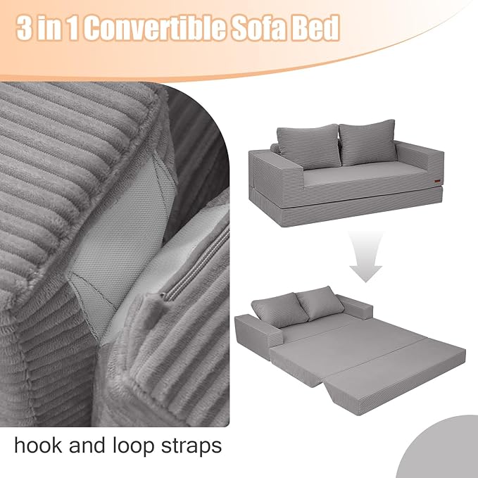 COMAX Convertible Sofa Bed Queen Corduroy Folding Floor Couch Pull Out Couch Bed Futon Sleeper with Pillows Fold Out Boneless Sofa Comfy Lounge Mattress Loveseat for Living Room Bedroom Light Grey