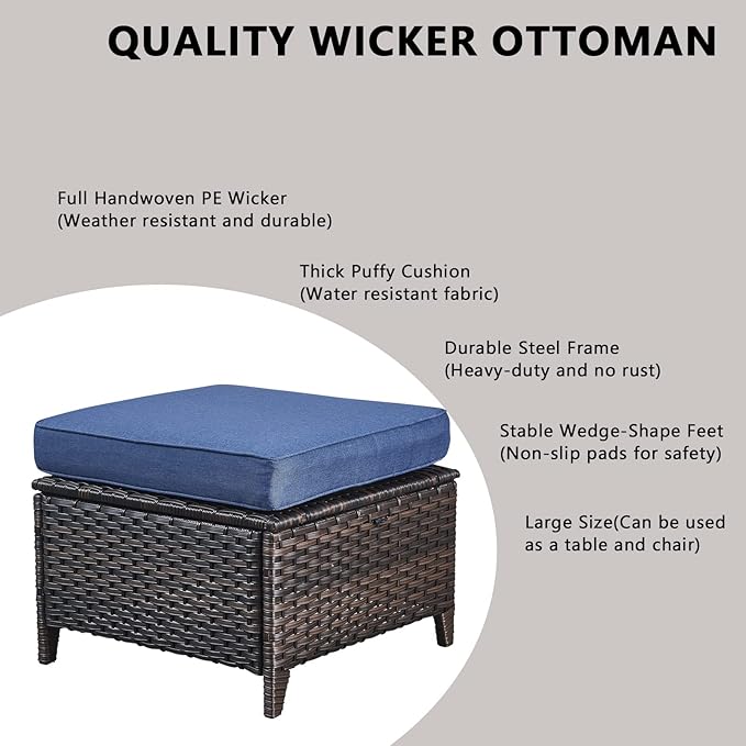 Rilyson Outdoor Patio Furniture Set - Weather Resistant WickerHigh Back6 inch Cushions4 Piece Patio Furniture Set with Swivel Rocker Chairs and Ottomans for Deck Porch YardBrown/Blue