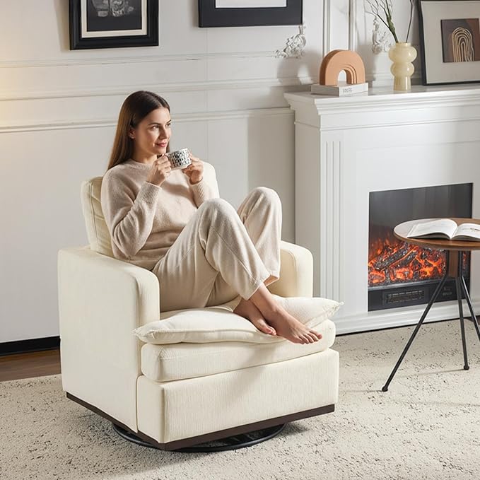 VINGLI Mid-Century Modern Single Swivel Armchair 360° Swivel Accent Chair Double-Layer Seat Cushions Upholstered Square Club Chair for Living Room Bedroom Reading RoomChenille Beige