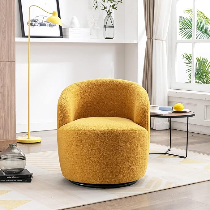 Swivel Chair Barrel Accent Sofa Modern Teddy Fabric Club 360 Degree Small Leisure Arm Chair for Nursery Living Room Hotel Bedroom Office Lounge Yellow 25.6D x 25.6W x 27.56H Inch