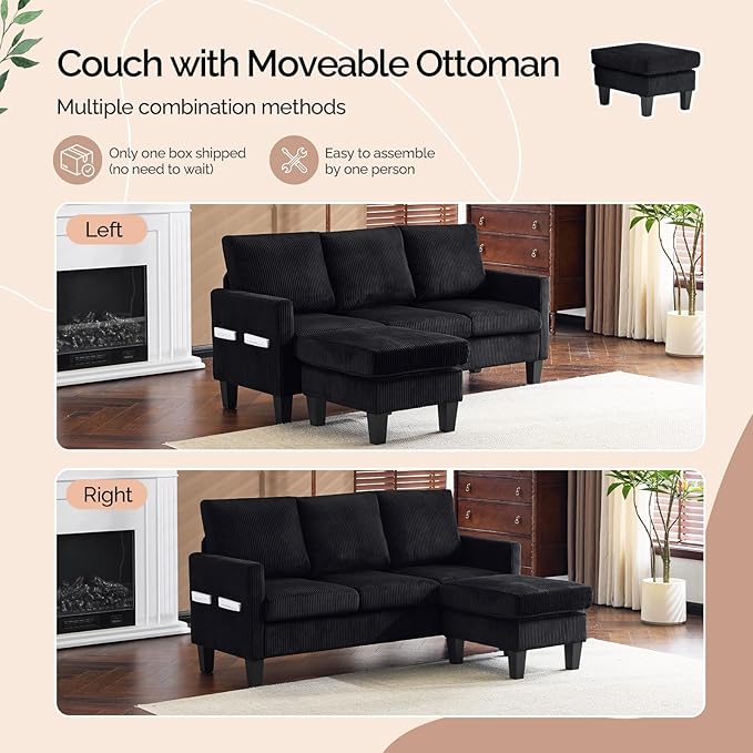 VINGLI 68.5' L Shaped Couch with Movable Storage Convertible Sectional Sofa in Corduroy Fabric Modern Reversible Chaise Couch for Small Spaces Apartment Living RoomBlack