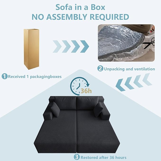 71Oversized Chaise Lounge ChairSectional Double Lounge Chaise with Pillows Upholstered Corduroy Boneless Lounge Chair Fluffy Modern Loveseat Sleeper Sofa for Living Room or Bedroom (Black)