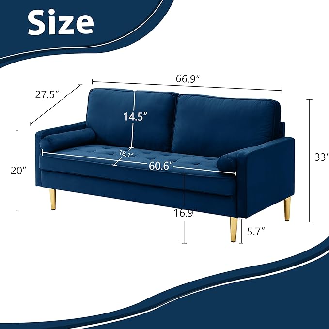 67 Modern Velvet Loveseat Sofa Couch Mid-Century Tufted Upholstered Small Love Seat Couch with 2 Pillows &amp 4 Golden Legs 2-Seats Couches for Compact Space Living Room Apartment (Navy)