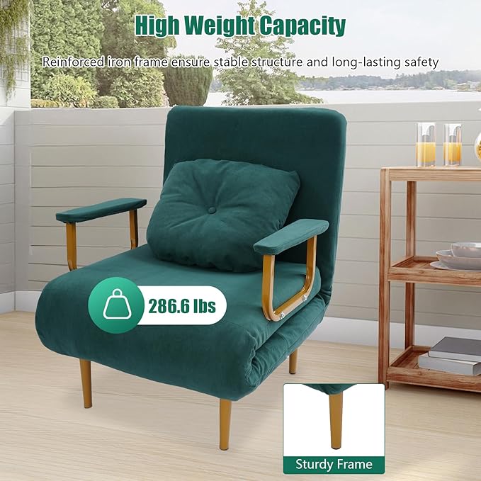 Convertible Sleeper Sofa Bed 3 in 1 Multi-Functional Sofa Chair Bed with 5 Position Adjustable Backrest Folding Sofa Bed Floor Single Chairs Fold Out Chair Beds for Living Room (Green)