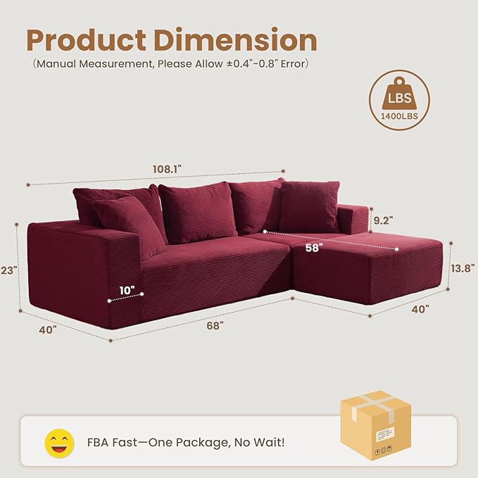 108 L-Shaped Boneless Couch Modular Sectional Sofa with Moveable Ottoman Corduroy Cloud Couches for Living Room No Assembly Ship in a Box Red