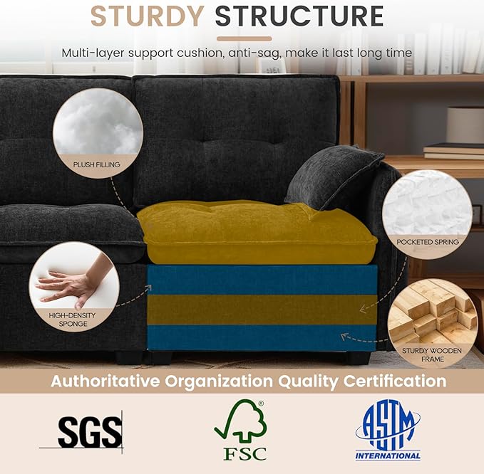 98'' Modular Sectional Cloud Couch with Movable Ottoman 3-Seater Chenille Deep Seat Sofa with Throw Pillows L Shaped Sectional Couches for Living Room Apartment(Black 3-seat)