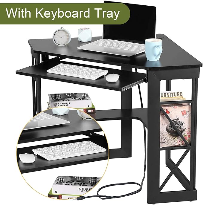 VECELO Corner Computer Desk 41x30 inches with Charging Station &amp Keyboard &amp Storage Shelves for Small SpaceTriangle Table for Home Office BedroomBlack