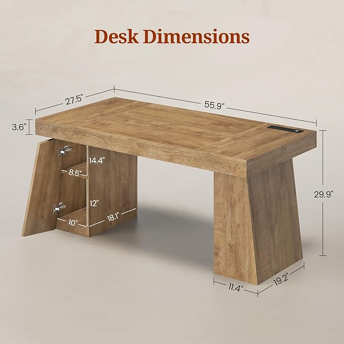 55.9 in Executive Desk with Power Outlets Modern Home Office Desk with Storage Cabinet Wood Computer Desk Business Workstation Desk Conference Table Oak (Storage Cabinet)