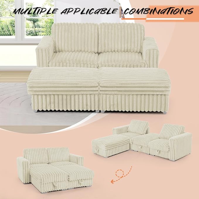 72 U-Shape Corduroy Sofa with 2 Movable Ottomans Upholstered Seational Sofa with Stable Feet Deeper 2 Seats Couch with Thickened Seat Cushions for Living Room Bedroom Office Beige