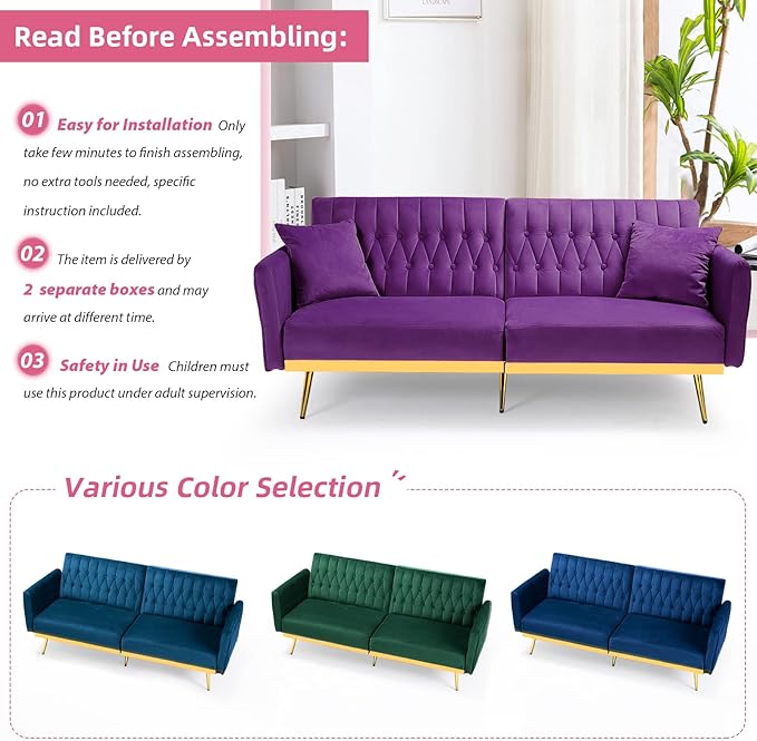 2 Pieces Velvet Sofa Set with Adjustable Armrest and Backrest 70” Convertible Futon Sofa Bed &amp Mordern Accent Chair with Ottoman for Living Room Bedroom Purpel