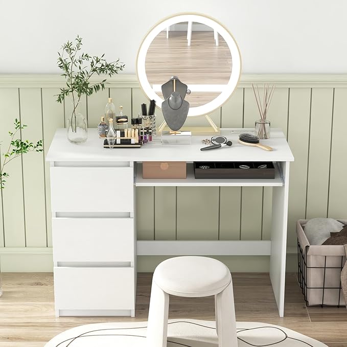 Nightcore 42” Computer Desk with Power Outlets Writing Desk with 3 Storage Drawer &amp Keyboard Modern PC Workstation Study Desk for Bedroom Home Office (White)