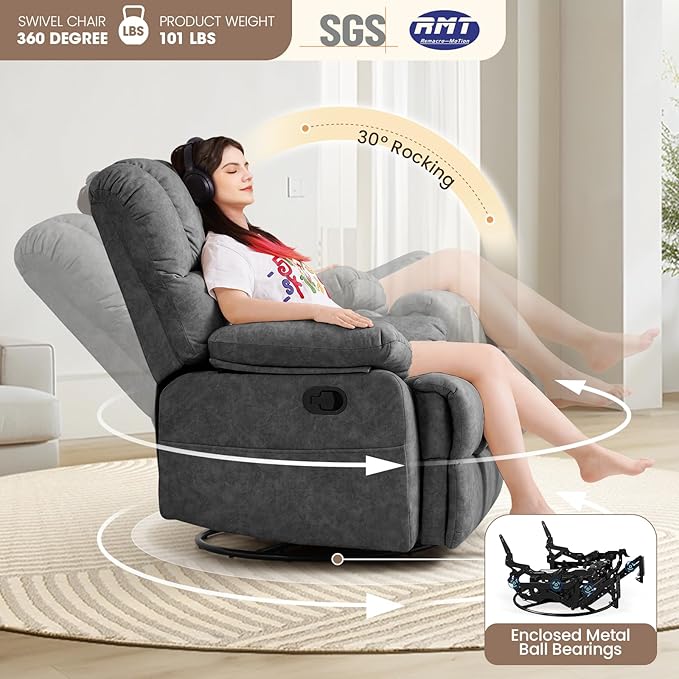 Oversized Swivel Rocker Recliner Chair with Large Footrest &amp High Back- 360° Rotation &amp Gentle Rocking for Living Room Nursery350lbs CapacityTool-Free Assembly(Gray)