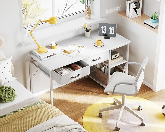 Coleshome Small Computer Desk with Drawers 40 Inch Reversible Home Office Desk with Storage Shelves Study Laptop Vanity Table for Bedroom Small Space White