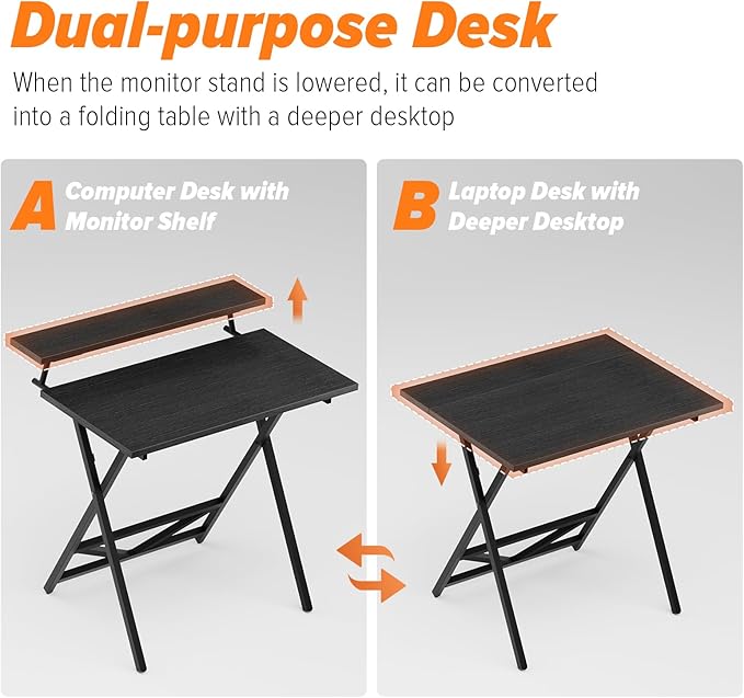 WOHOMO Folding Computer Desk with Adjustable Height 23.6 x 31.5 x 25.6 Foldable Table with Monitor Stand Small Office Desk for Bedroom Space Saving Desk for Home Office Easy Assemble Black