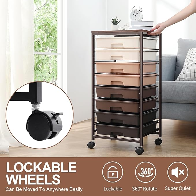 Rolling Storage Cart with Drawers Rolling Drawer Cart and Wooden TabletopStorage Drawer Cart for Living RoomClassroomBedroomBathroomDormOfficeBrown Gradient