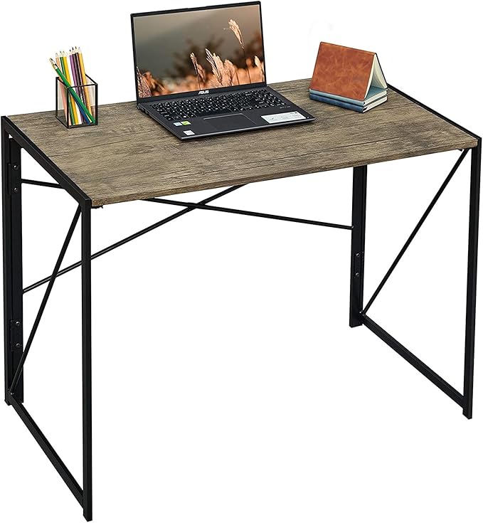 Folding Computer Desk for Home Office – 39 Small Portable Writing Desk Light Brown Oak and Black Frame Space-Saving Modern Study Table No Assembly Required
