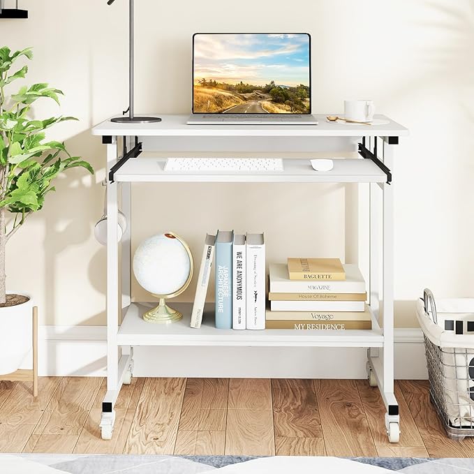 Giantex Rolling Computer Desk Mobile Portable Desk with Keyboard Tray &amp Wheels Laptop PC Table Cart with Shelf &amp Hooks Industrial Small Desk for Small Spaces Home Office Bedroom White