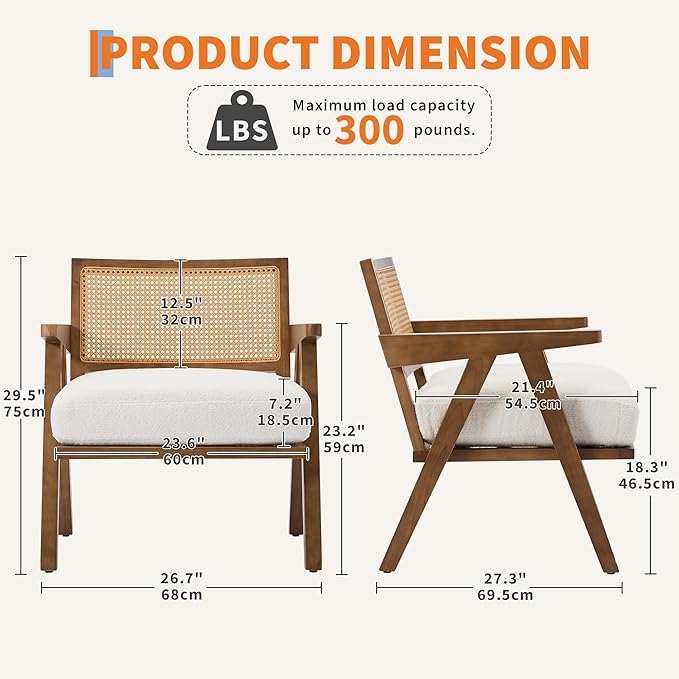 GarveeHome Mid-Century Farmhouse Accent Chair - Wood Armchair with Rattan Backrest &amp Linen Cushion for Living Room Bedroom - White Easy Assembly(2 Pcs)