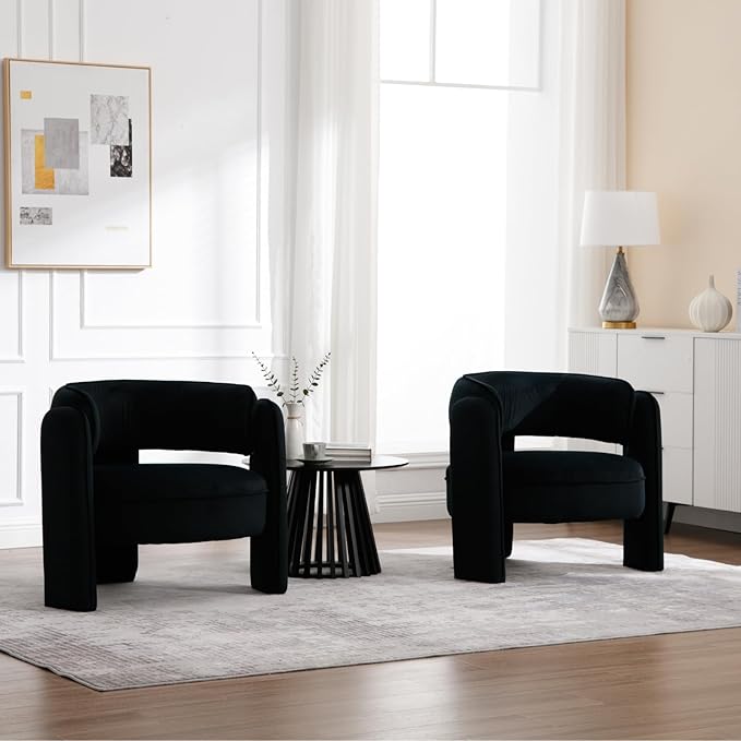 Modern Accent Chair Set of 2 Low Seat Round Upholstered Lounger Chair with Barrel Back Solid Wood Legs Mid Century Velvet Comfy Armchair Cozy Side Chair for Living Room Bedroom Black