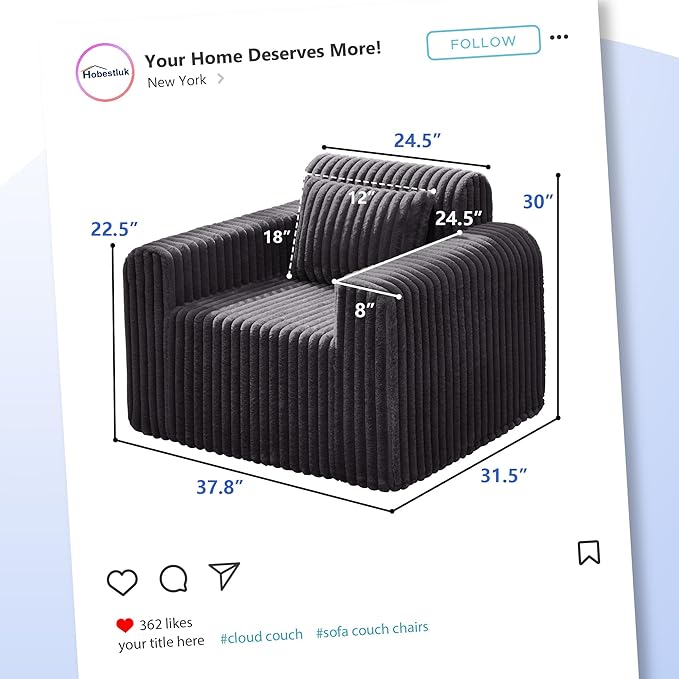 Hobestluk Single Sofa Foam Couch Sofa for Small Spaces Comfy Sofas with Removable Cover Furry Couch with Pillows for Living Room Bedroom Apartment Office (Dark Grey Standard)
