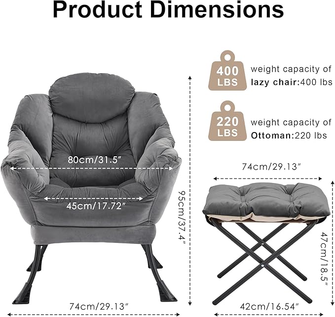 Lazy Chair with OttomanOversized Accent Chair with Thick Cushion Side PocketModern Lounge Arm Reading Chair and Folding Footrest for Living RoomBedroomOfficeDormApartment Darkgrey