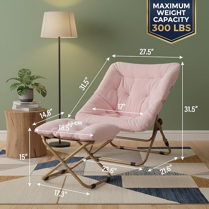 Tiita Folded Chair with Straight Ottoman Soft Faux Fur Oversized Folding Accent ChairLazy Chair Metal Frame Moon Chair for Bedroom Living Room Dorm Rooms Garden and Courtyard Pink