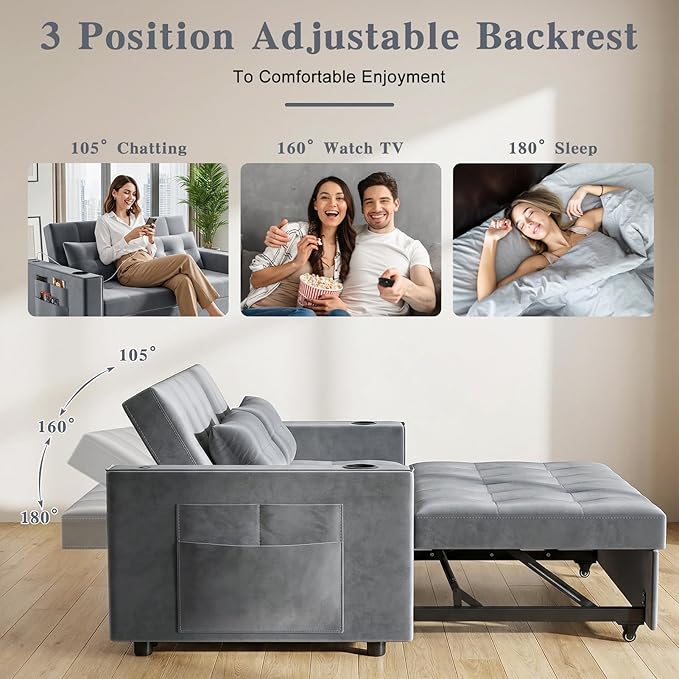 3 in 1 Convertible Sofa Bed with Charging Station Cup Holder Pillow Side Pocket Adjustable Backrest 70 Pull Out Sofa Couch Loveseat Sleeper for Living Room Apartment (Wood-Frame Grey) | Convert