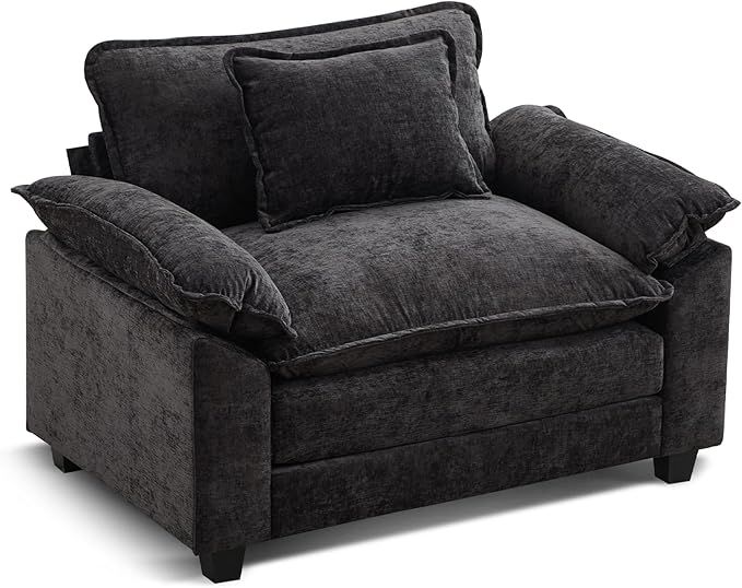 URRED Cloud Couch Accent Chair Oversized Chenille Armchair with Deep Wide Seat and Upholstered Armrests Black – Modern Lounge Chair for Bedroom or Living Room