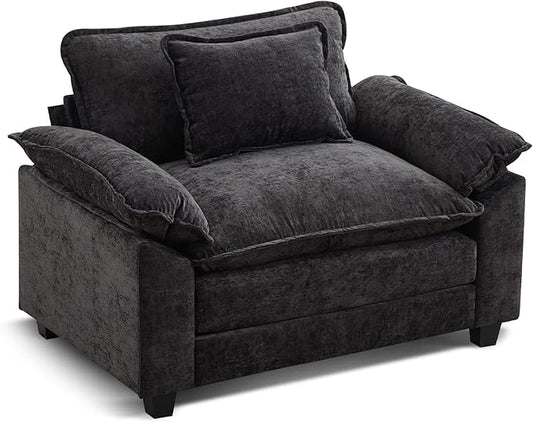 URRED Cloud Couch Accent Chair Oversized Chenille Armchair with Deep Wide Seat and Upholstered Armrests Black – Modern Lounge Chair for Bedroom or Living Room