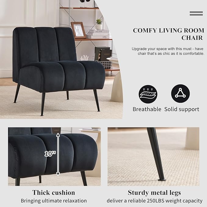 Modern Accent Chair Velvet Upholstered Fuzzy Club Chairs with Tufted Design Comfy Living Room Chair with Metal Legs Padded Reading Chair for Reading Room (Black-Velvet)