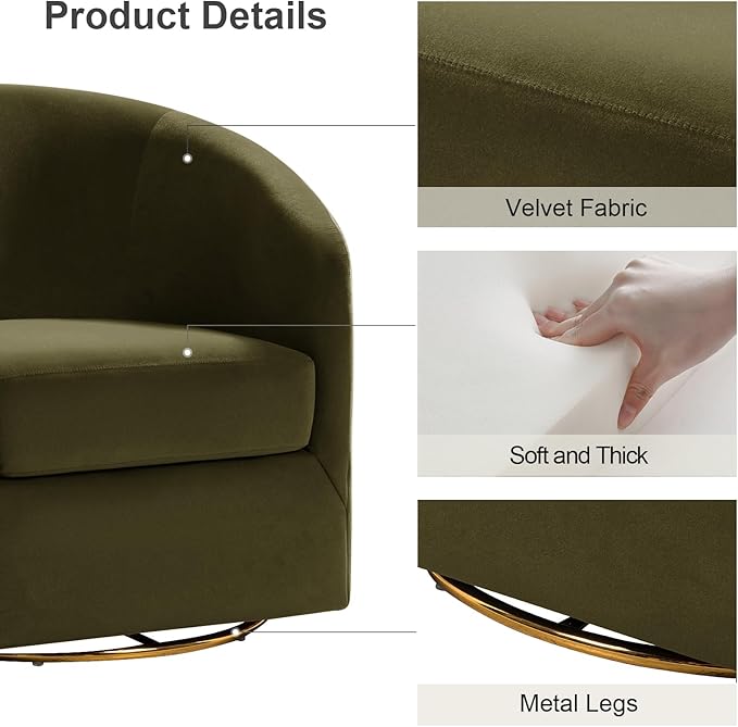 HULALA HOME Swivel Accent Chair with Gold Metal Base Contemporary Velvet Curved Swivel Barrel Chair Upholstered Club Armchair Leisure Single Sofa for Living Room Nursery Bedroom(Moss)