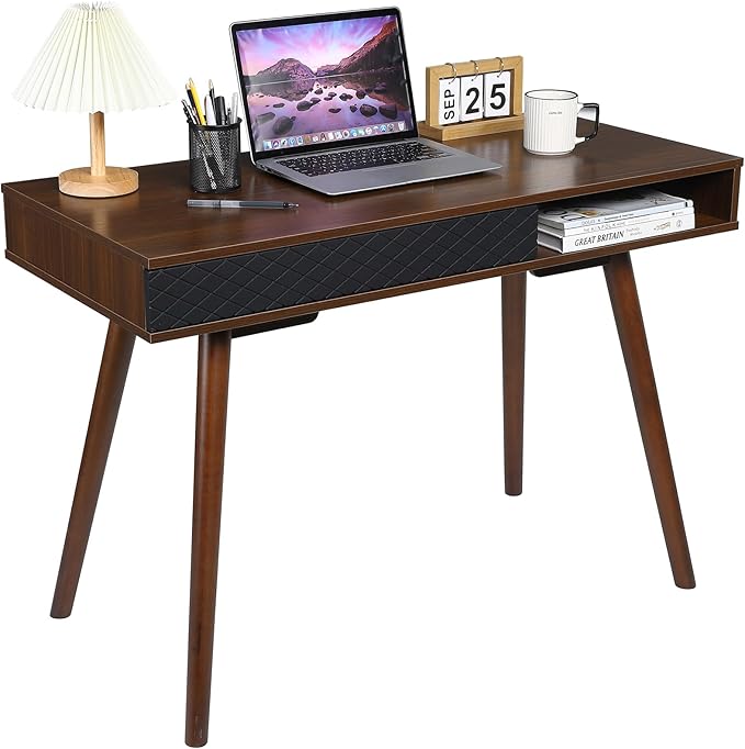 GAOMON Modern Simple Home Office Desk Mid Century Modern Computer Writing Desk with Drawer Solid Wood Legs and Open Storage Cubby Small Vanity Table Desk for Bedroom (Walnut)