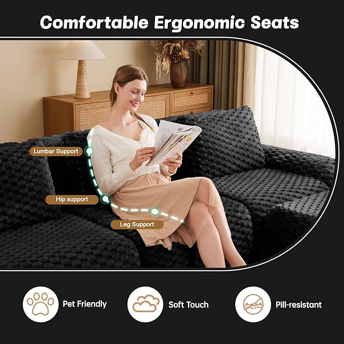 114 Oversized Modular Sectional Sofa Flannelette 3-Saeter Boneless Couch with Ottoman Comfy Deep Seat Cloud Couch Highly Textured L Shaped Sectional Couches for Living Room No Assembly Black